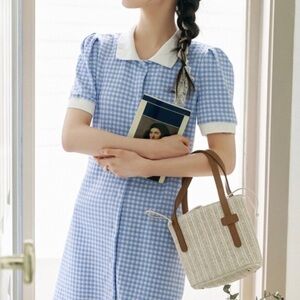 Blue gingham dress white collar small